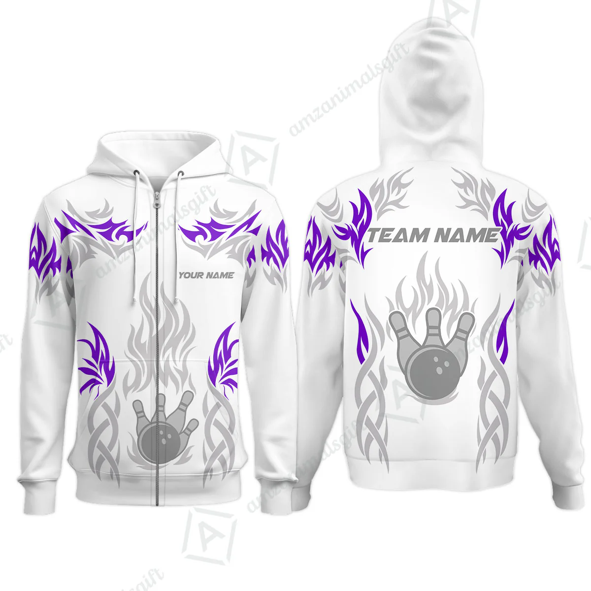 Personalized Bowling Team Zip Hoodie, Tribal And Bowling Flame Multi Option Customized Polo Shirt - White - Image 3