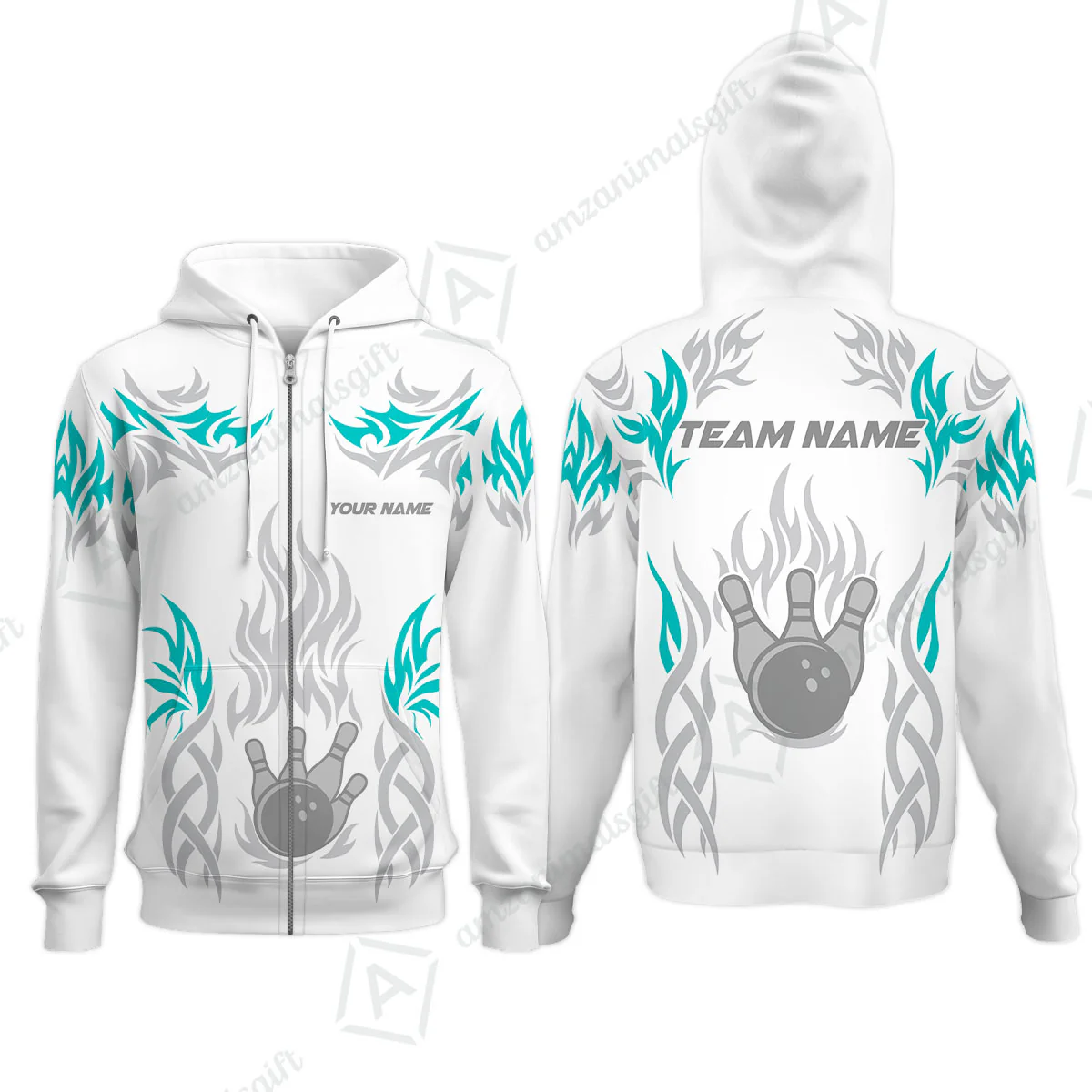 Personalized Bowling Team Zip Hoodie, Tribal And Bowling Flame Multi Option Customized Polo Shirt - White - Image 4