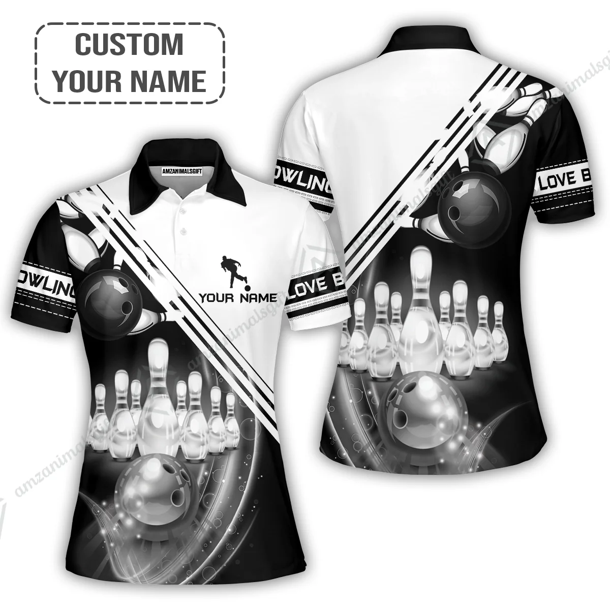 Personalized Bowling Women Polo Shirt, Black And White Bowling The Pins And Ball Shirt For Friend, Family, Bowling Lovers - Image 2