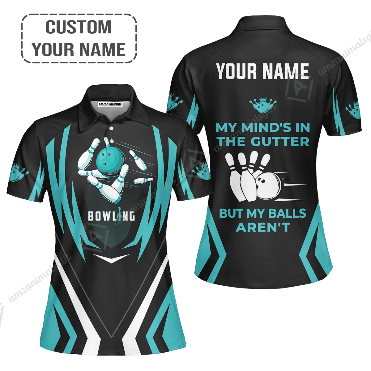 Personalized Bowling Women Polo Shirt, Light Blue Bowling My Mind's In The Gutter Customized Polo Shirt For Friend, Family, Bowling Lovers - Image 2