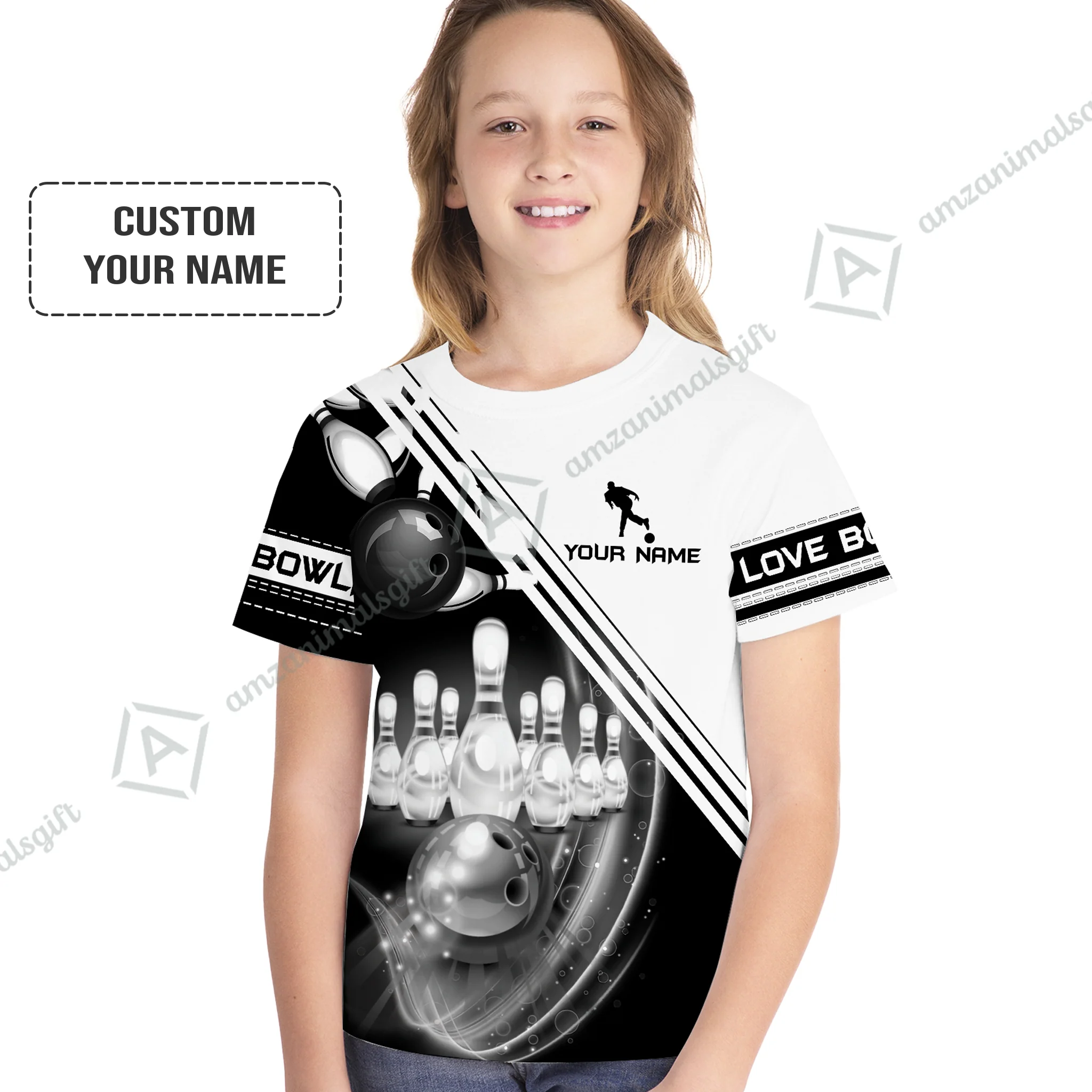 Personalized Bowling Youth Hawaiian Shirt, Black And White Bowling The Pins And Ball Children's Shirt For Son, Daughter, Family - Image 5