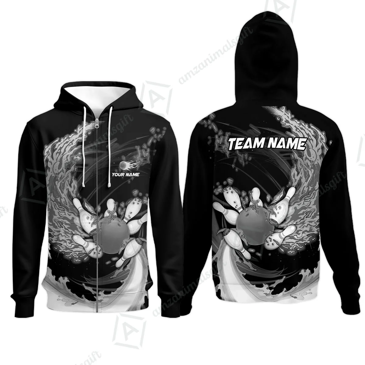 Personalized Bowling Zip Hoodie Breath Of Flaming Bowling Ball And Pins Multicolor Custom Name, Team Name For Bowlers - Image 3