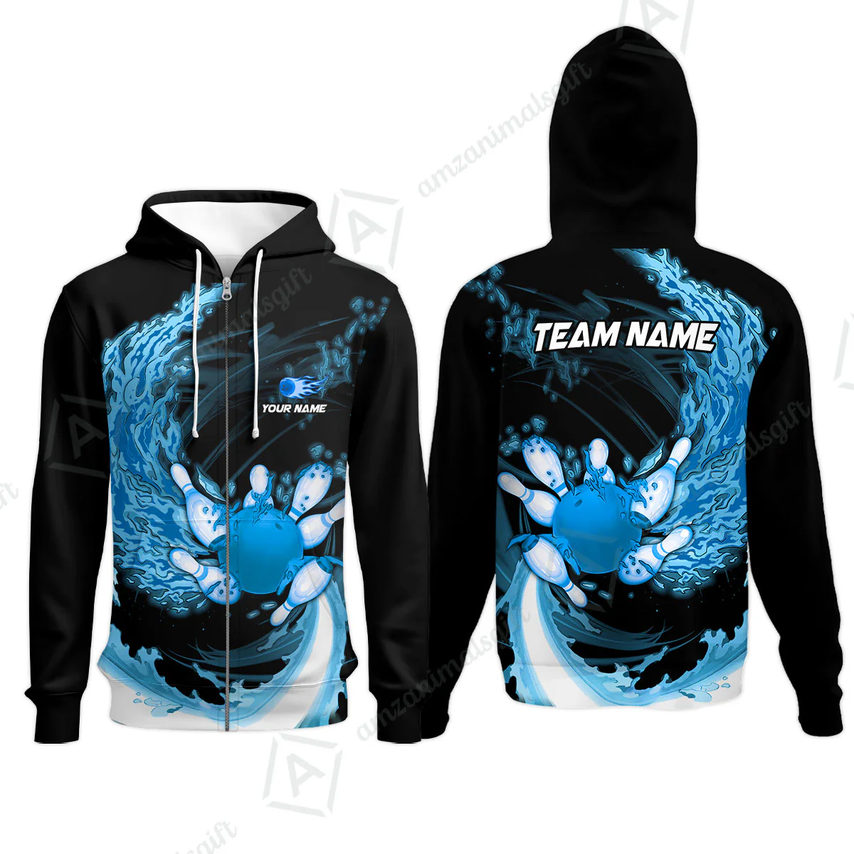 Personalized Bowling Zip Hoodie Breath Of Flaming Bowling Ball And Pins Multicolor Custom Name, Team Name For Bowlers - Image 4