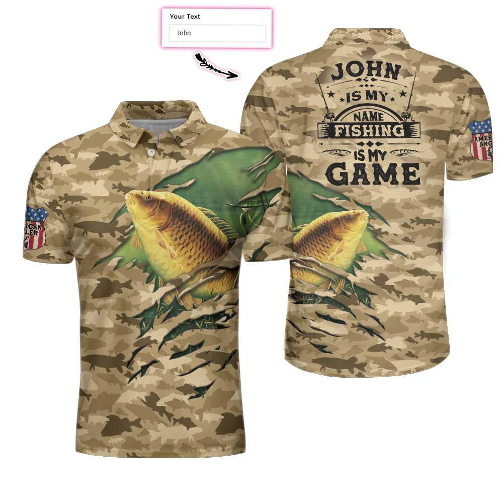 Custom Name Fishing Polo Shirts, Personalized Camouflage American Flag Men Polo Shirts, Camo Fishing Polo Shirt For Men