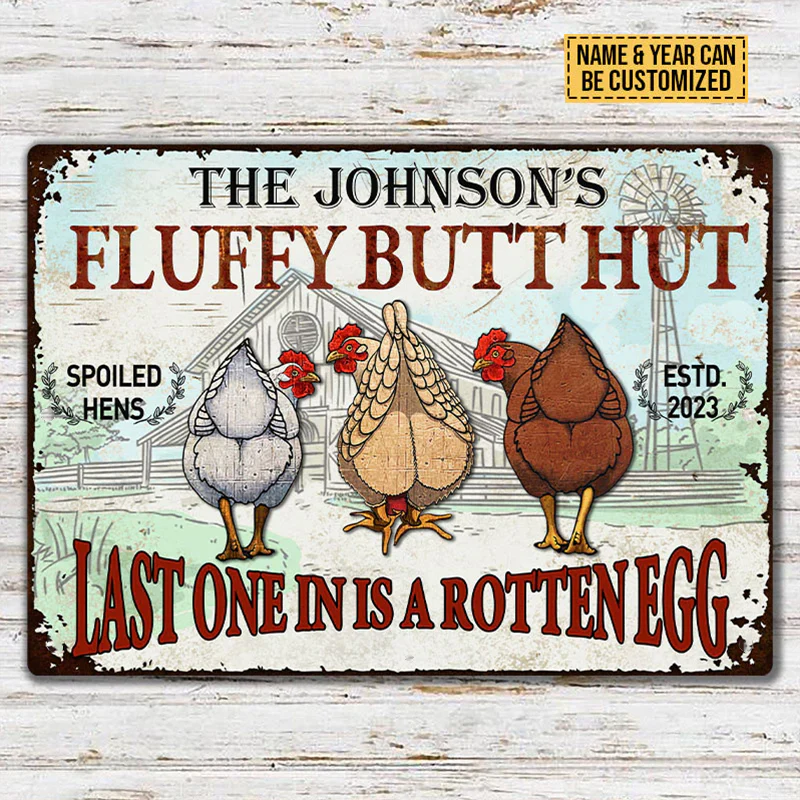 Personalized Chicken Fluffy Butt Hut Nuggets Metal Signs, Last One In Is A Rotten Egg Metal Signs For Farm Decoration - Image 2