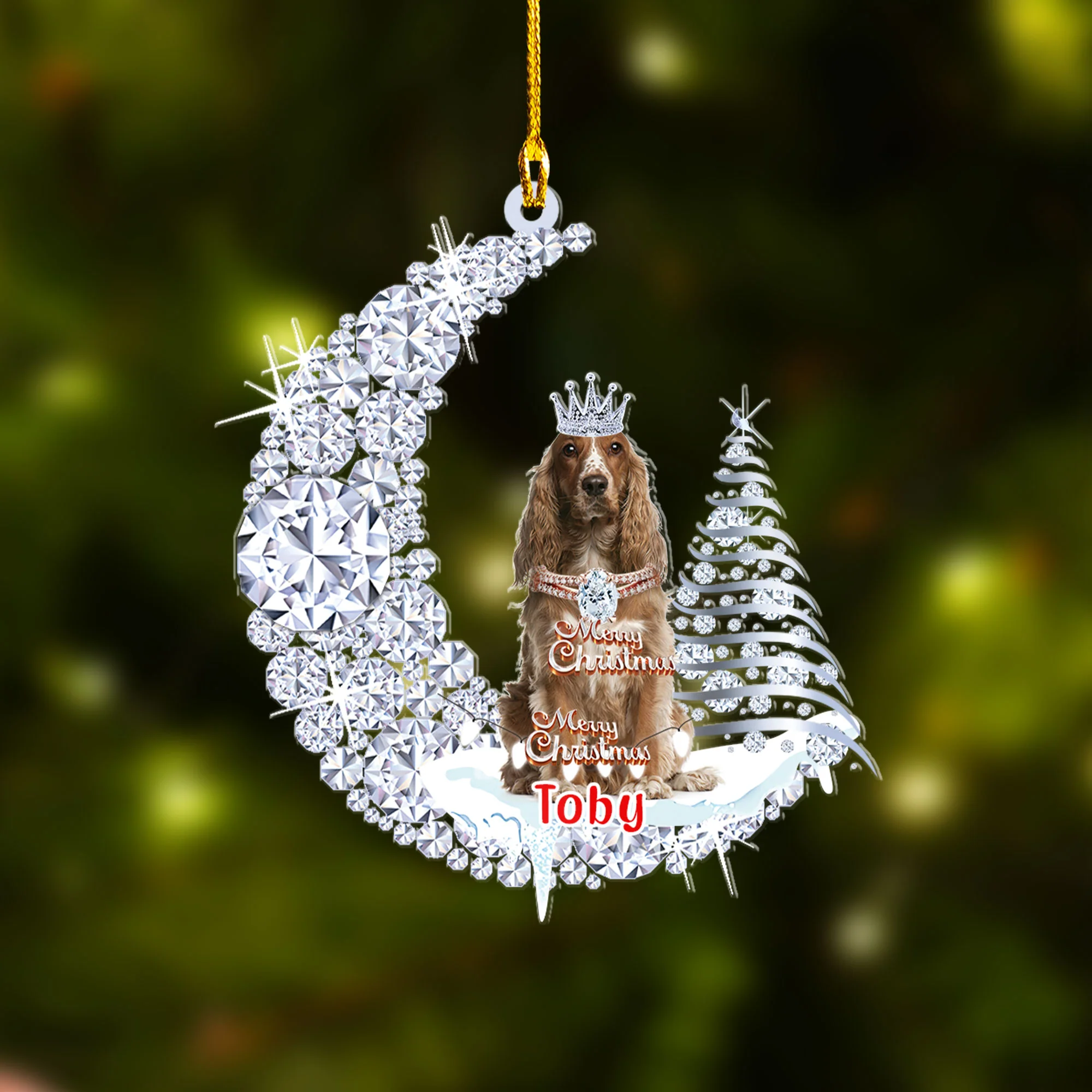 Personalized Cocker Spaniel Diamond Moon Merry Christmas Mica Ornament - Best Gift For Dog Lovers, Dog Owners - Image 2