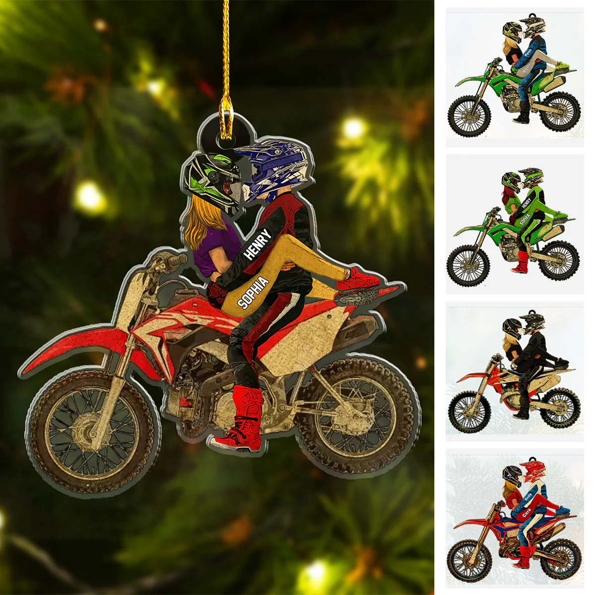 Personalized Couple Hug On Dirt Bike Flat Acrylic Ornament, Meaningful Ornament Gifts For Couple Partners Love Dirt Bike - Image 2