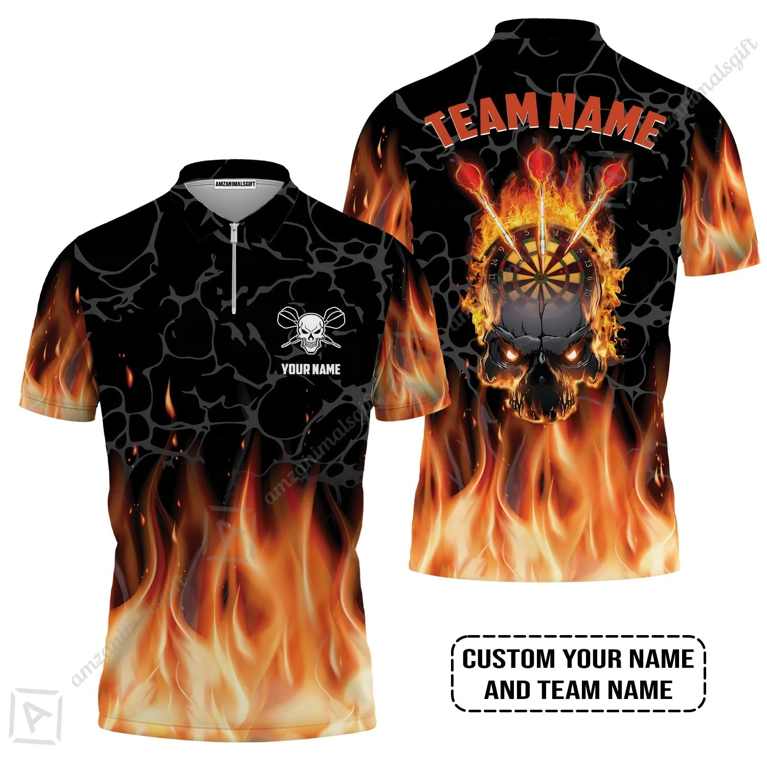Personalized Darts Hoodie - Custom Name & Team Name Orange Flame Skull Darts Hoodie - Image 3