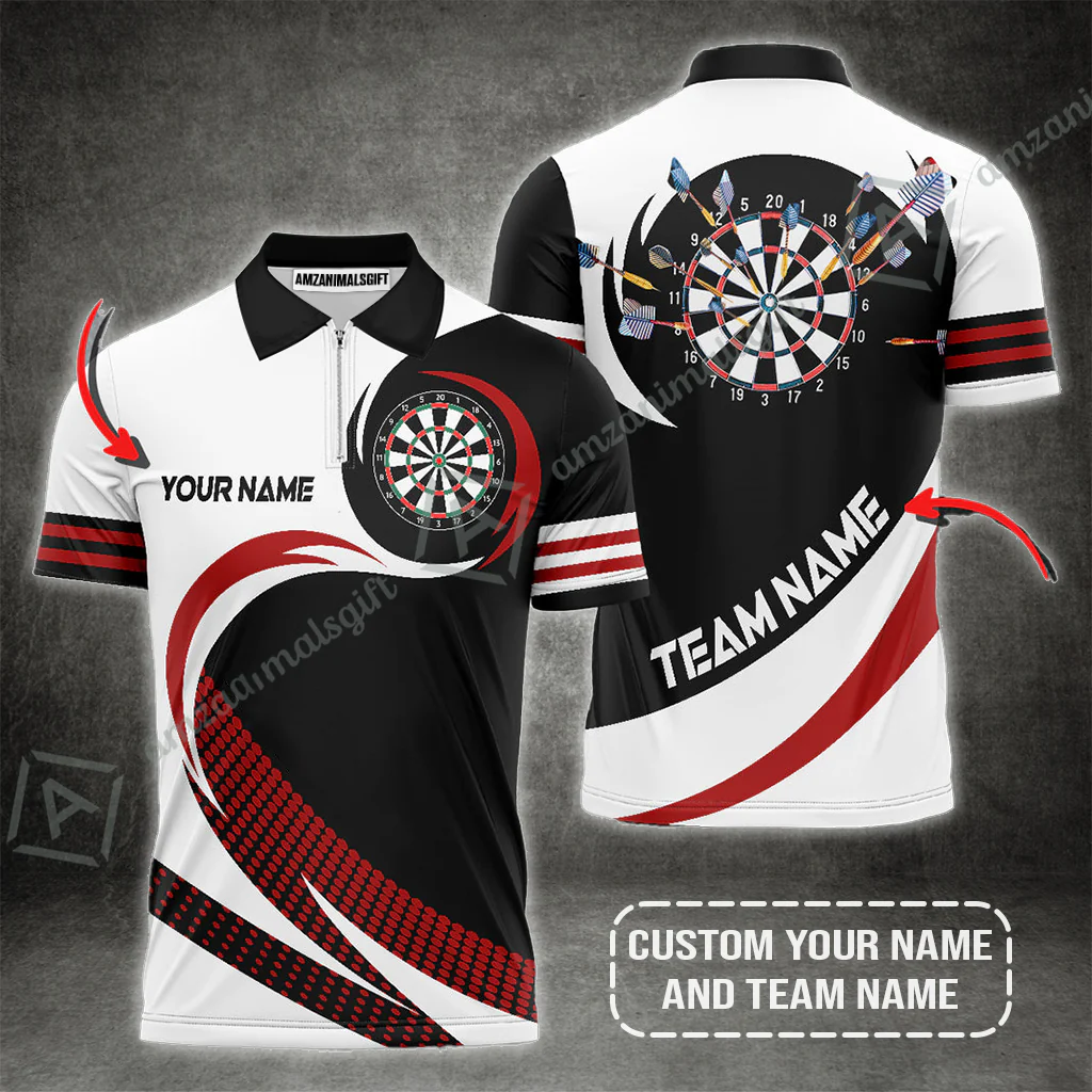 Personalized Darts Jersey, Darts Black Red White Customized Quarter-Zip Polo Shirt, Perfect Outfits For Darts Players, Darts Team - Image 2