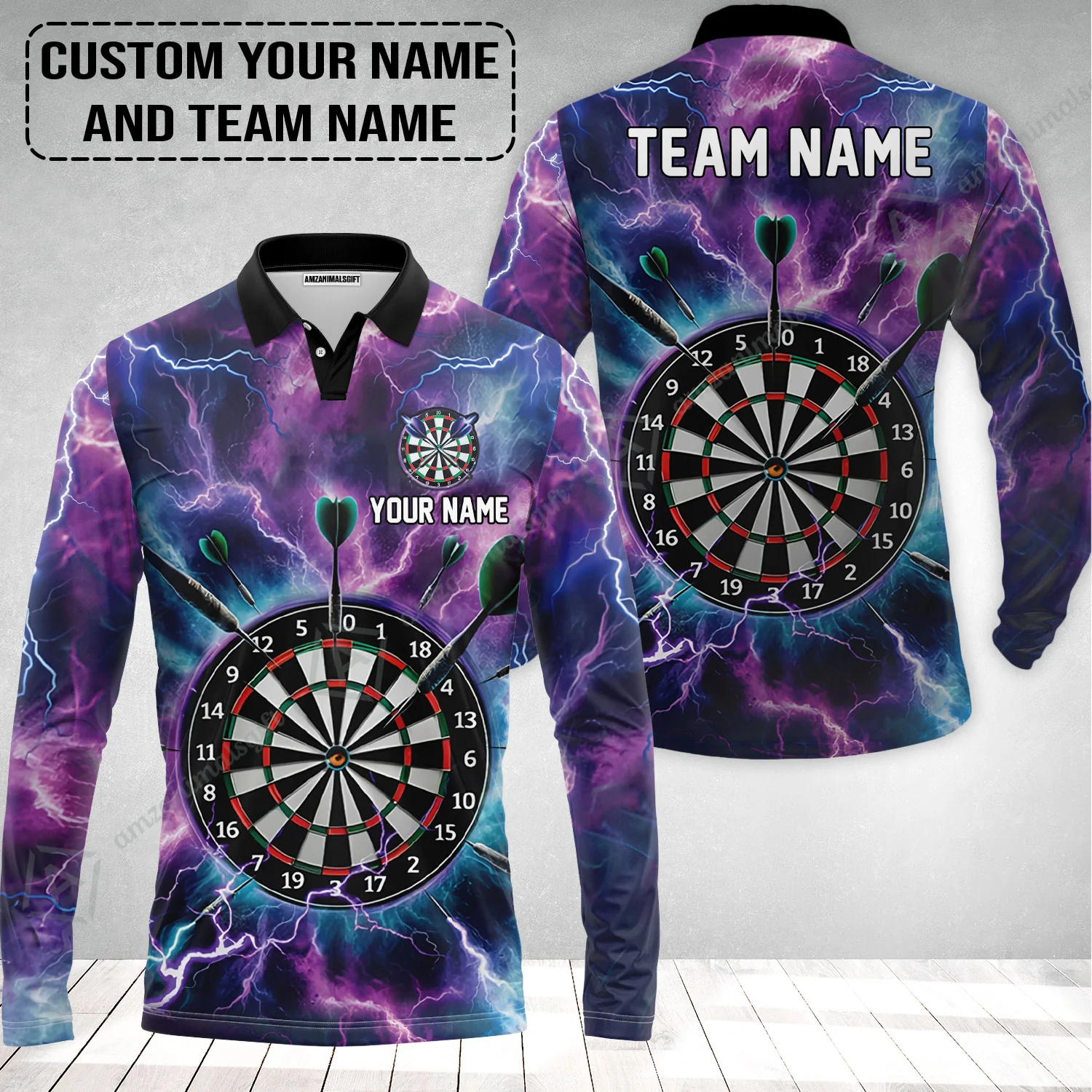 Personalized Darts Long Polo Shirt - Custom Name & Team Name Purple Thunder Lightning Long Polo Shirt - Image 2