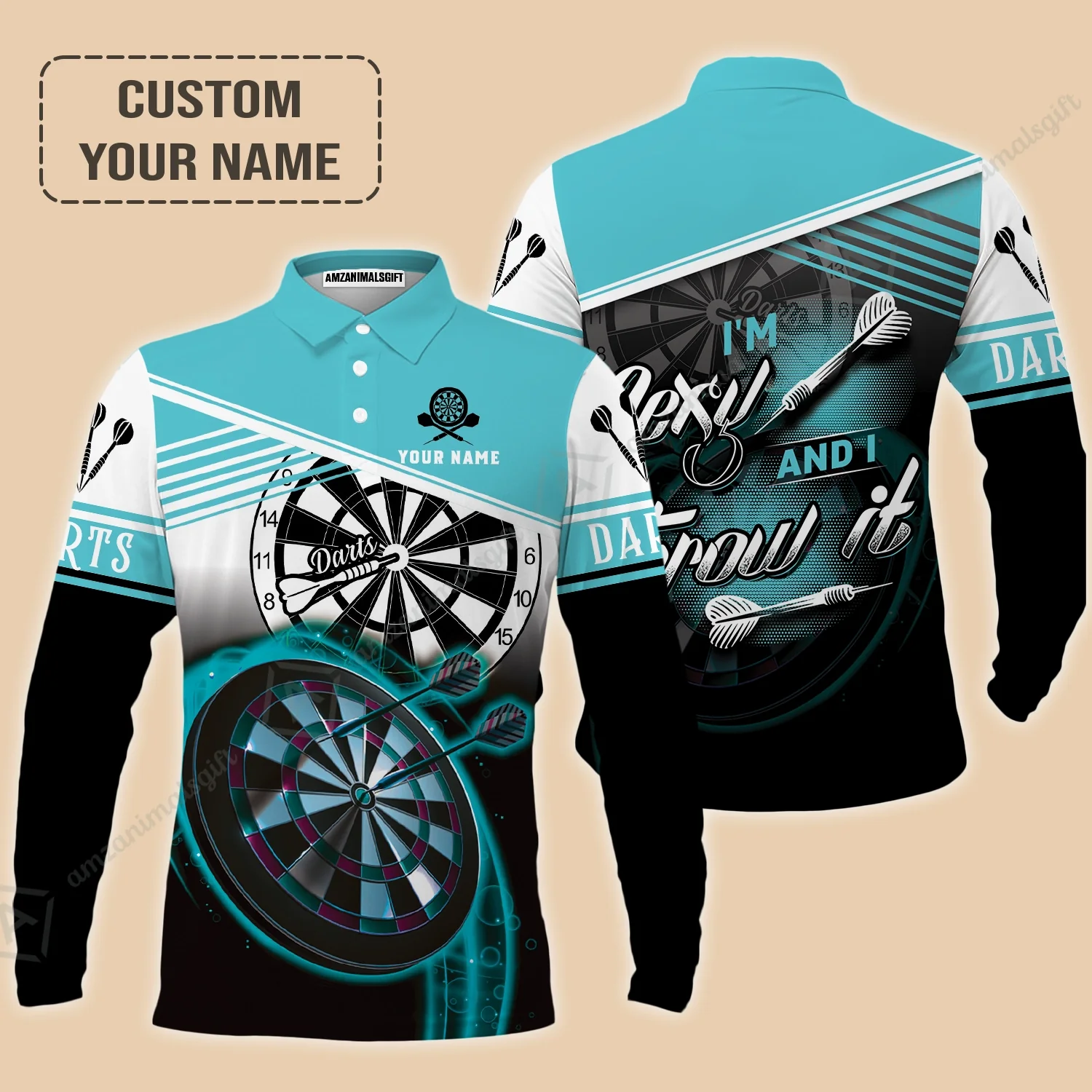 Personalized Darts Long Polo Shirt, Darts Cyan Color Customized Polo Shirt I'm Sexy And I Throw It, Outfits For Darts Players, Darts Team