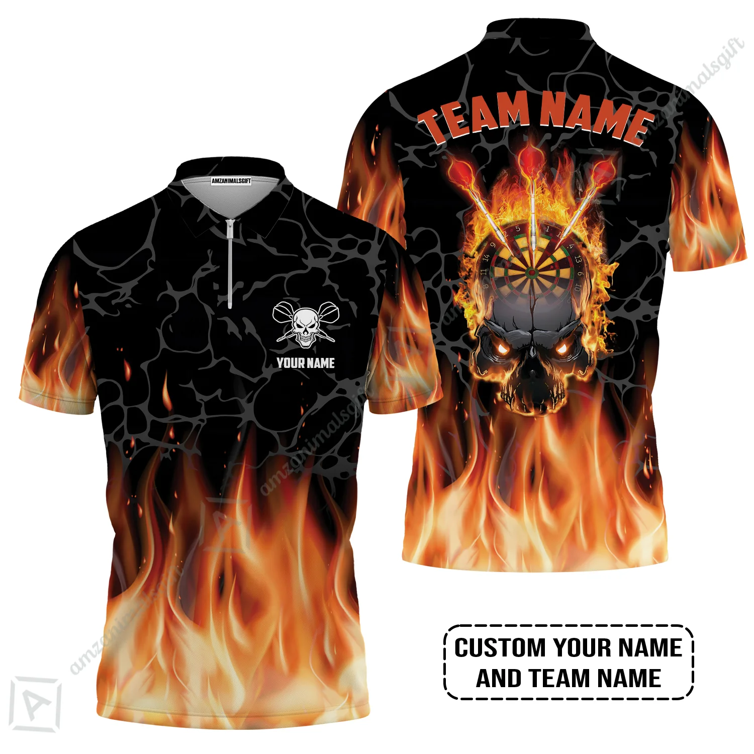 Personalized Darts Men Polo Shirt - Custom Name & Team Name Orange Flame Skull Darts Polo Shirt - Image 4