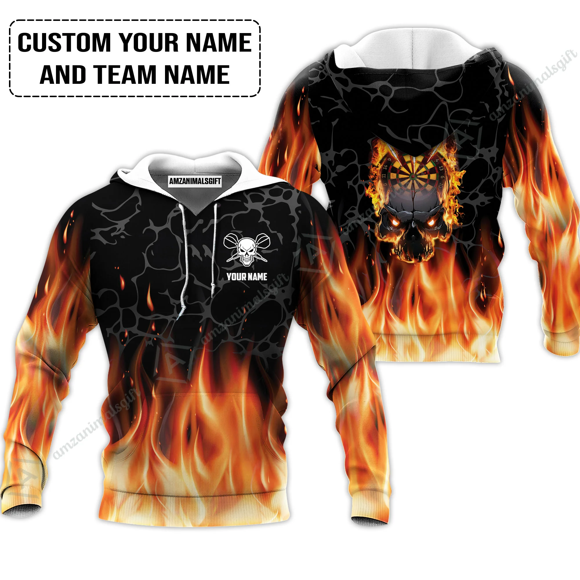 Personalized Darts Men Polo Shirt - Custom Name & Team Name Orange Flame Skull Darts Polo Shirt - Image 5