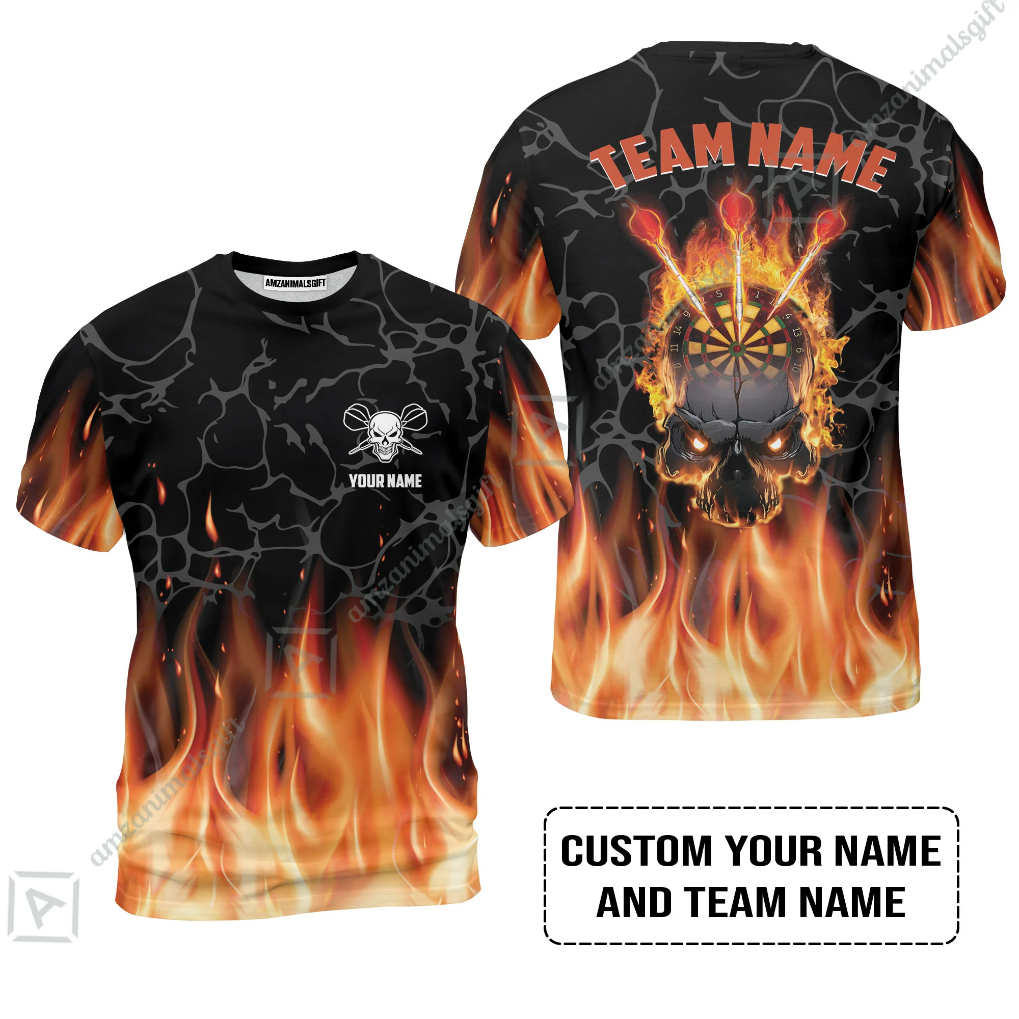 Personalized Darts Men Polo Shirt - Custom Name & Team Name Orange Flame Skull Darts Polo Shirt - Image 8
