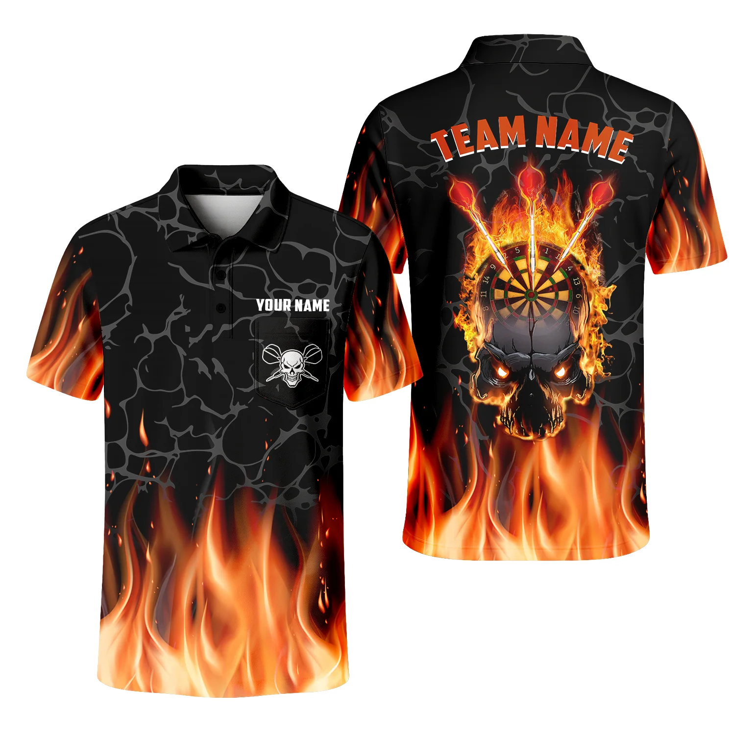 Personalized Darts Men Polo Shirt - Custom Name & Team Name Orange Flame Skull Darts Polo Shirt - Image 9