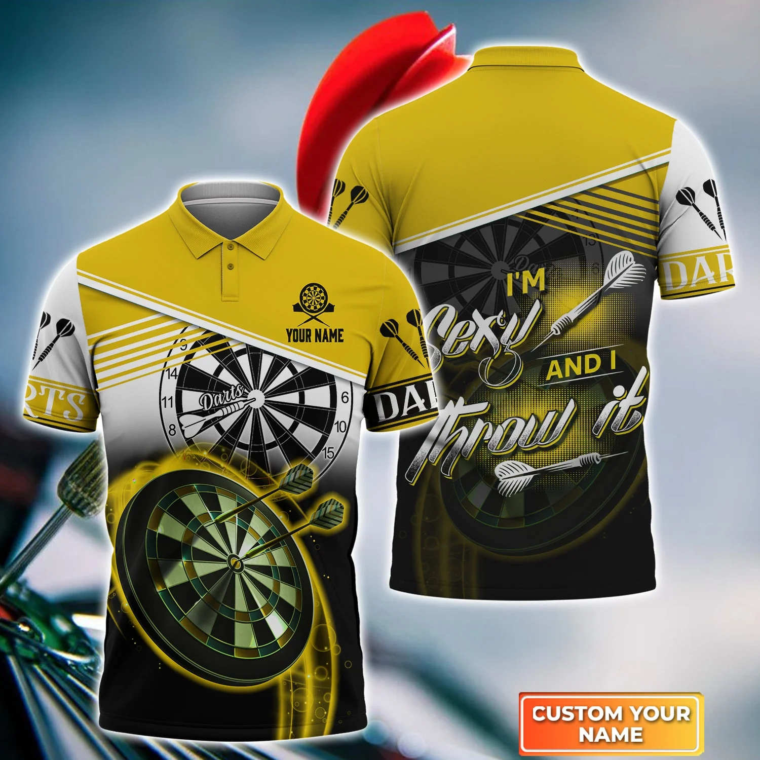 Personalized Darts Polo Shirt - Custom Name I'm Sexy And I Throw It Yellow Polo Shirt - Darts Polo Shirt For Darts Team, Darts Lover - Image 2
