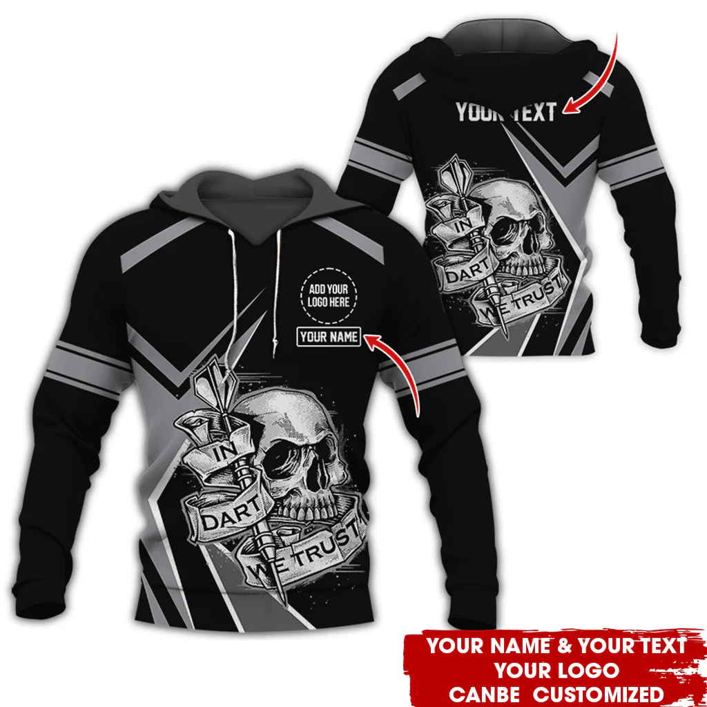 Personalized Darts Skull Premium Hoodie ,Customized Name Text & Logo In Darts We Trust Hoodie, Perfect Gift For Darts Lovers, Darts Player - Image 2