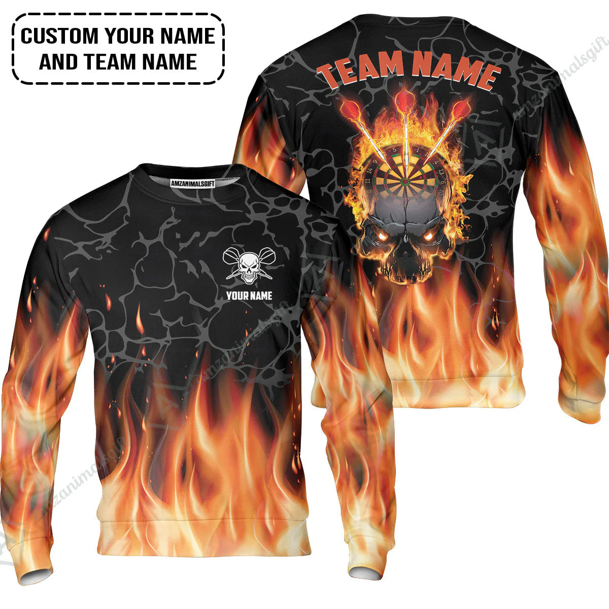 Personalized Darts Sweatshirt - Custom Name & Team Name Orange Flame Skull Darts Sweatshirt