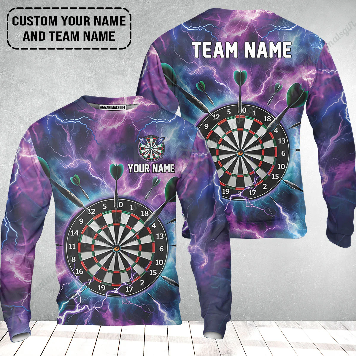 Personalized Darts Sweatshirt - Custom Name & Team Name Purple Thunder Lightning Sweatshirt - Image 2