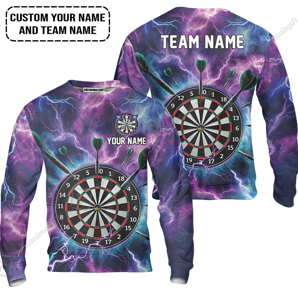 Personalized Darts T-Shirt - Custom Name & Team Name Purple Thunder Lightning T-Shirt - Image 4