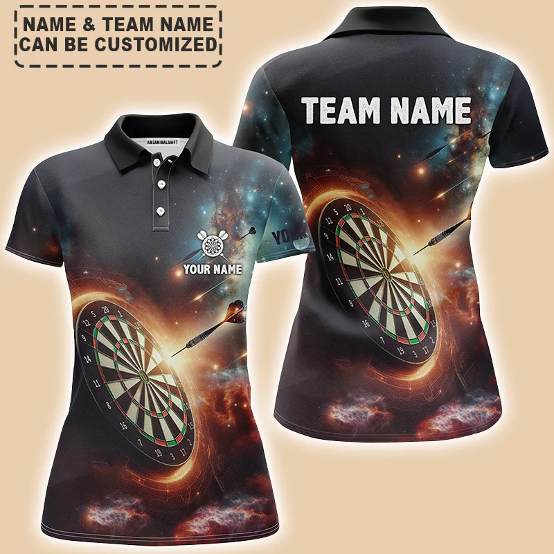 Personalized Darts Women Polo Shirt - Custom Name & Team Name Darts In Galaxy Polo Shirt For Women, Darts Team, Darts Lover