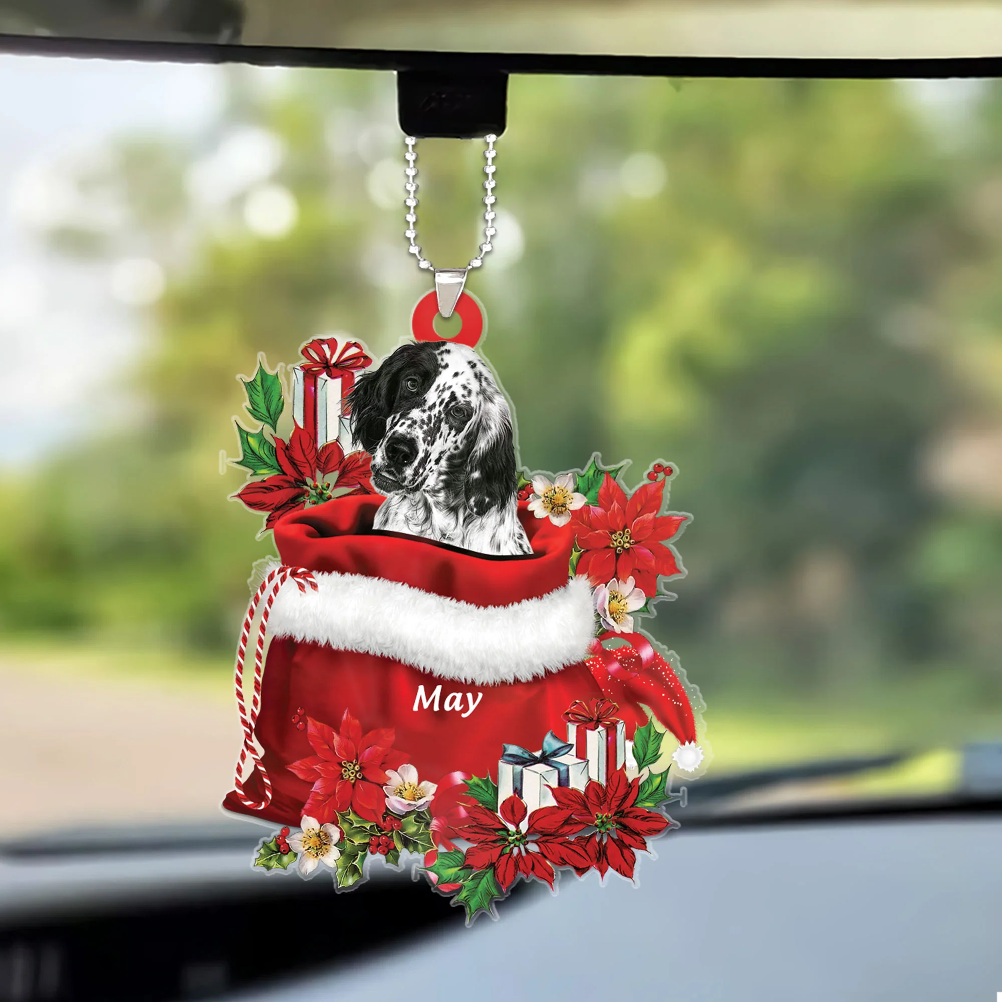 Personalized English Setter In Red Gift Bag Christmas Car Ornament, Custom Name Christmas Gift For Dog Lovers, Dog Mom For Dog Lovers, Dog Mom - Image 2