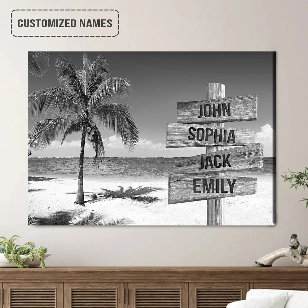 Personalized Family Member Names Black And White Wall Art, Sea Breeze Wooden Name Signs Landscape Canvas Home Decor