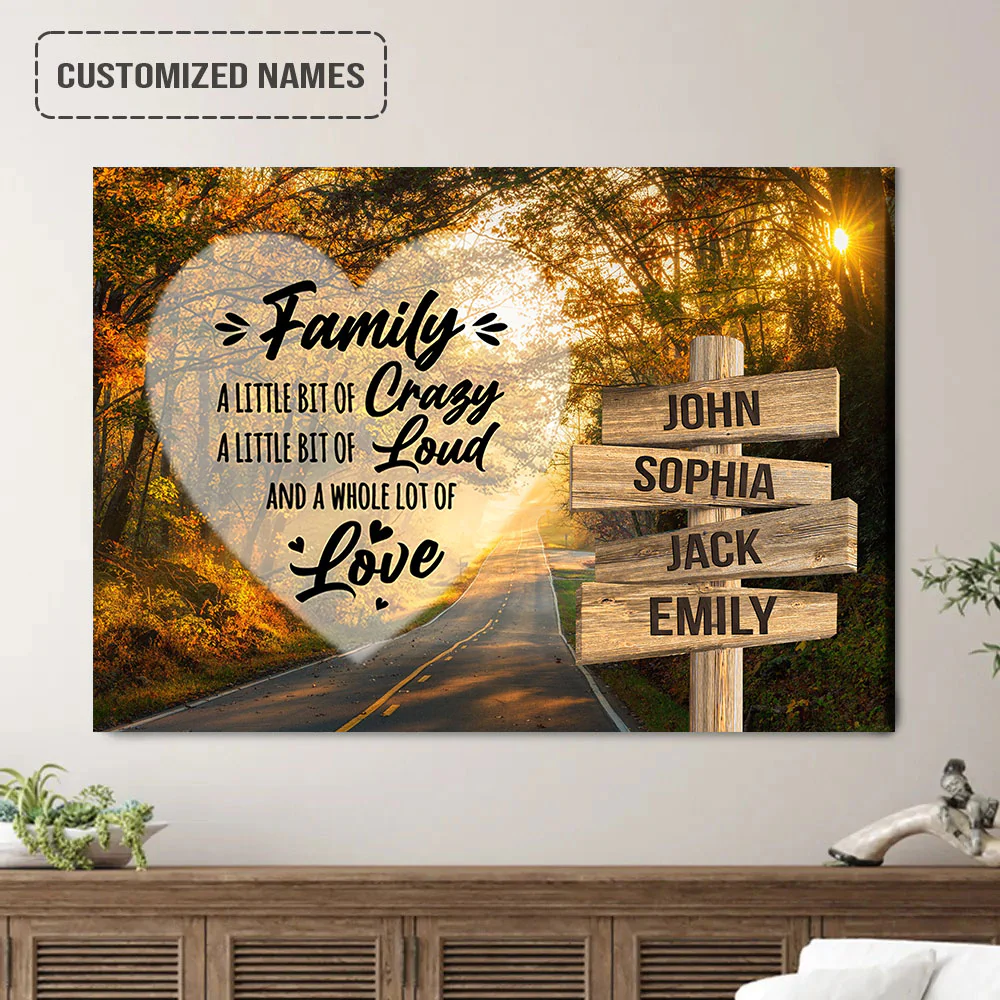 Personalized Family Member Names Wall Art, Family Crazy Loud Love Autumn Road Wooden Names Signs Landscape Canvas Poster - Image 2