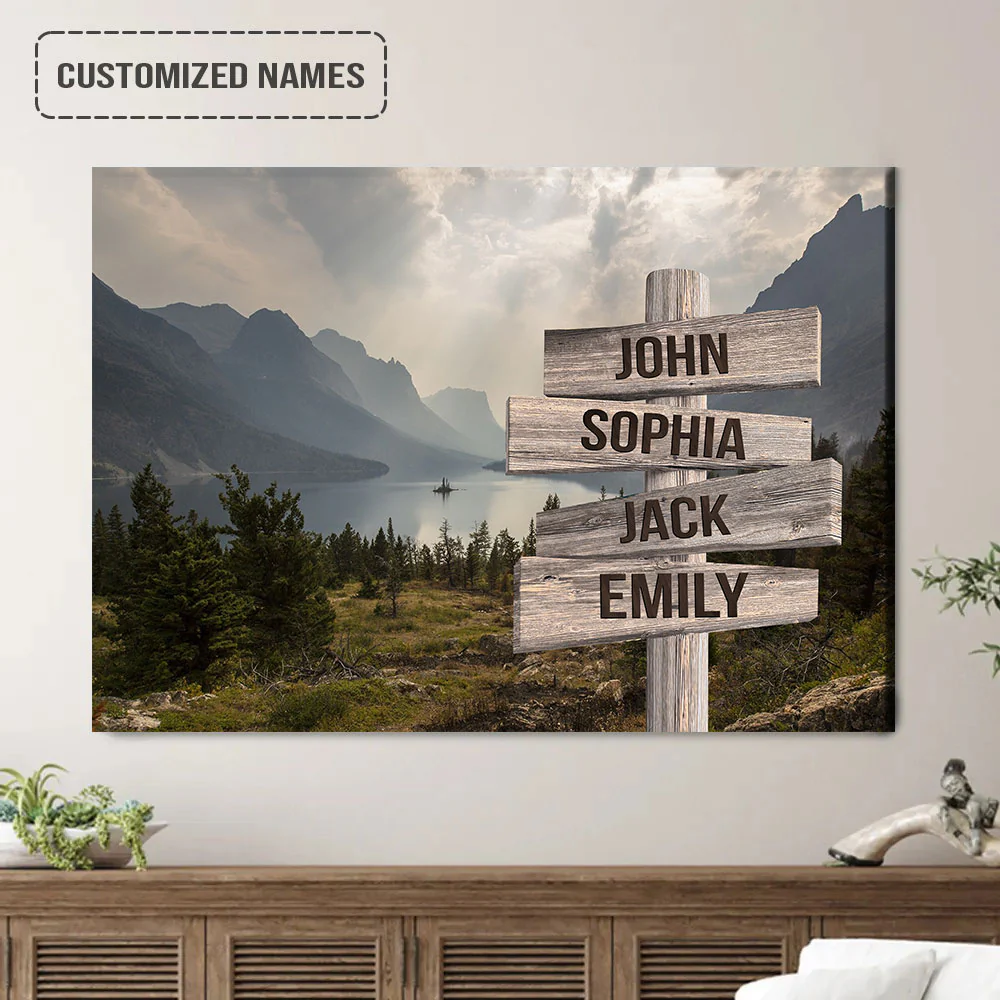 Personalized Family Member Names Wall Art, Lake And Mountain Range Wooden Name Signs Landscape Canvas, Family Poster - Image 2