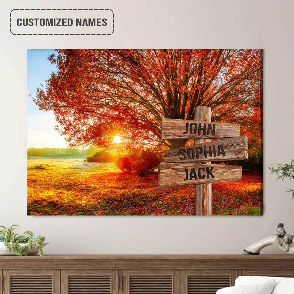 Personalized Family Names Sign Wall Art Canvas Hanging, Autumn Big Oak Landscape Canvas Poster Perfect For Home Decor - Image 2