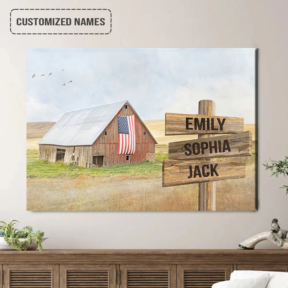 Personalized Family Street Sign Wall Art Canvas Multi-Names, Old Red Barn With American Flag Landscape Canvas Poster - Image 2