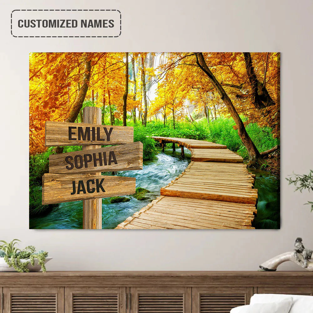 Personalized Family Street Sign Wall Art Canvas Multi-Names, Wooden Path Trail Autumn Landscape Canvas Poster Home Decor - Image 2