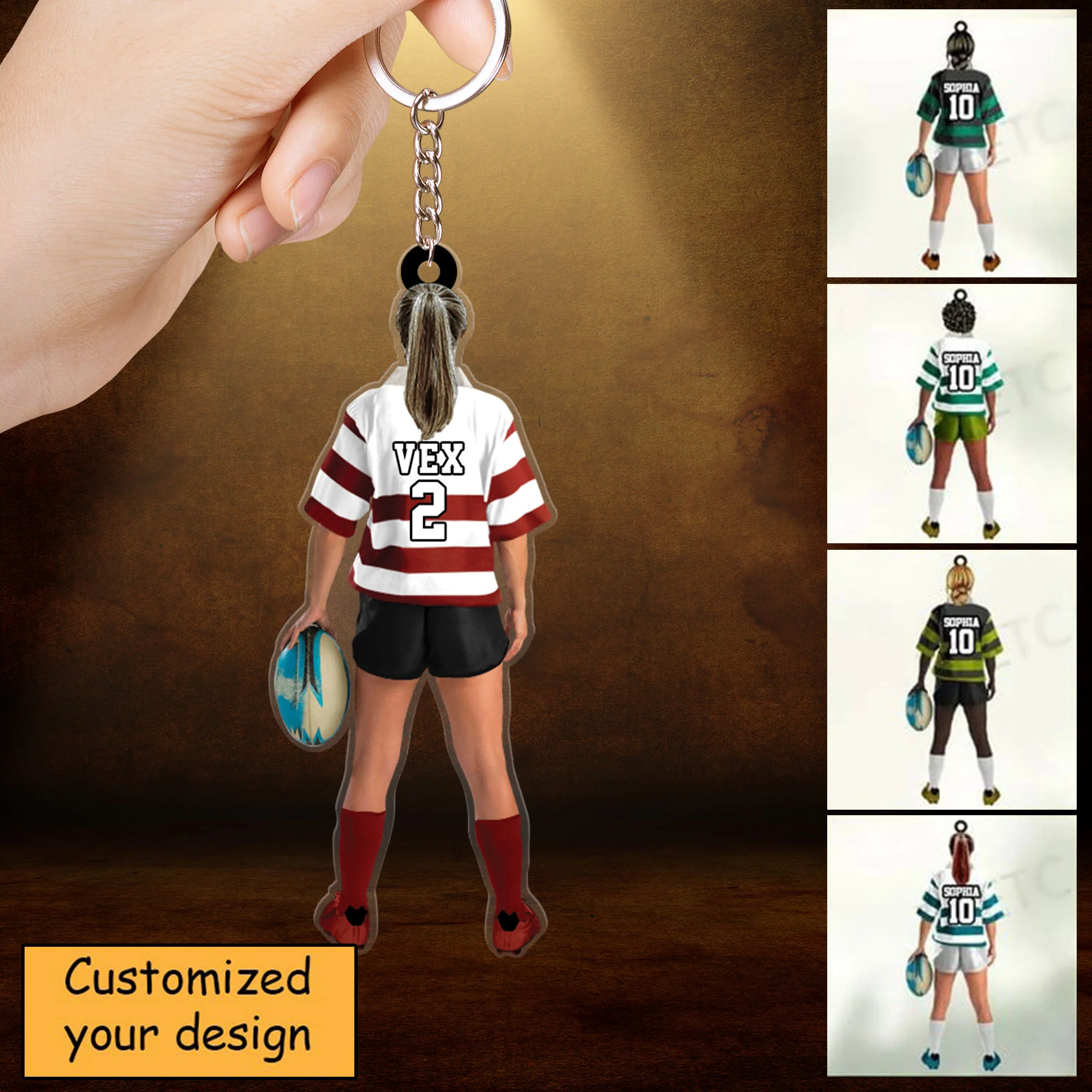 Personalized Female Rugby Girl, Woman Player Acrylic Christmas Keychain - Gift For Rugby Players, Christmas Acrylic Keychain Hanging Tree - Image 2