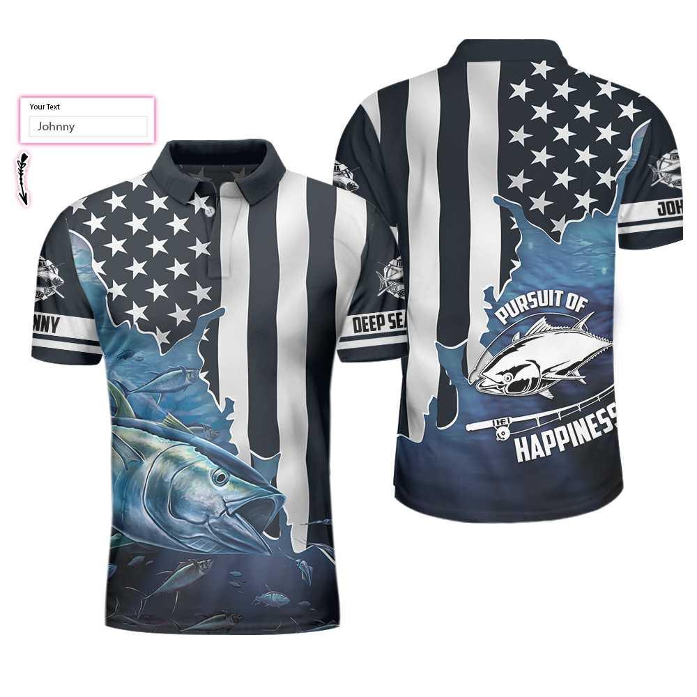Personalized Fishing Men Polo Shirt, American Flag Tuna Pursuit of Happiness Custom Polo Shirt, Shirt, Best Fishing Custom Shirt For Men