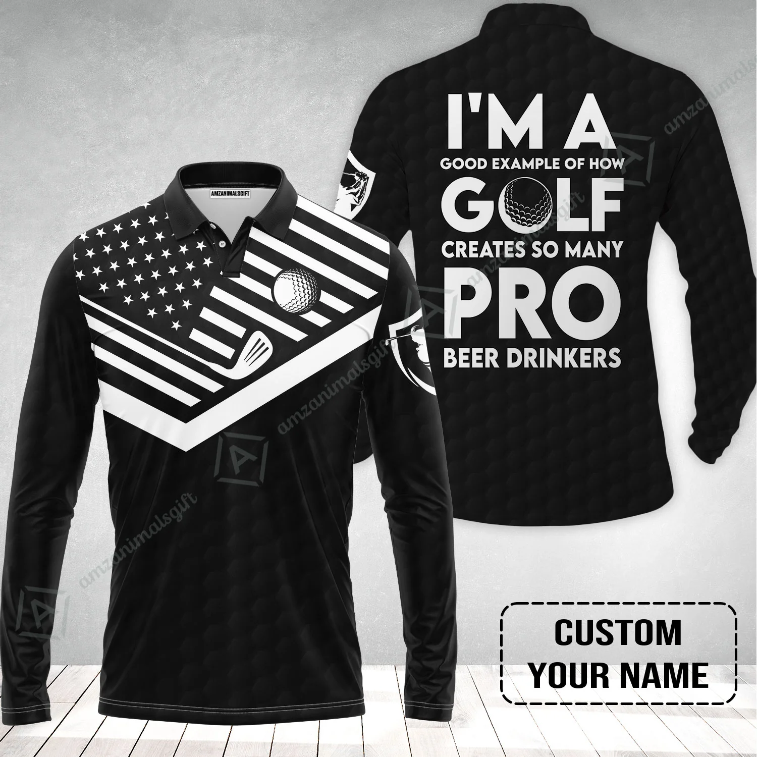 Personalized Golf American Flag Polo Shirt, I'm A Golf Pro And Beer Drinker Custom Long Polo Shirt - Image 2