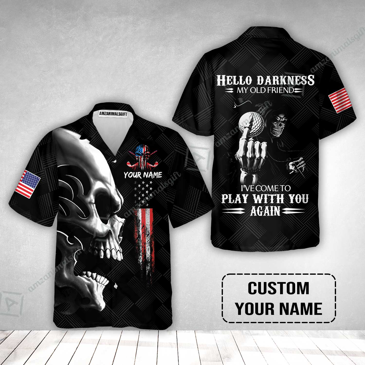 Personalized Golf Hawaiian Shirt- Custom Name Skull Shirt, Golf American Flag Hello Darkness My Old Friend Hawaiian Shirt - Image 2