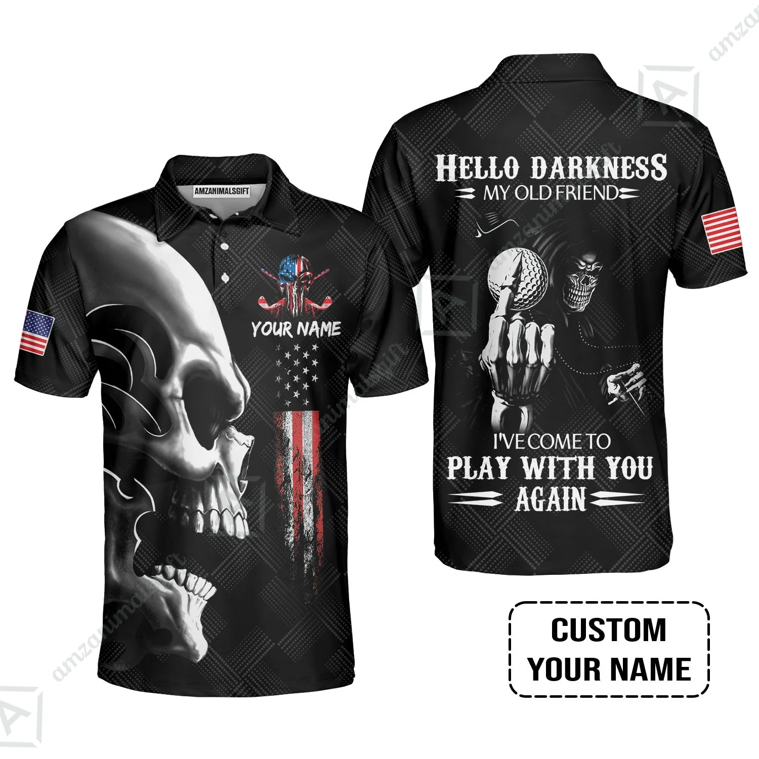 Personalized Golf Long Polo Shirt - Custom Name Skull Shirt, Golf American Flag Hello Darkness My Old Friend Long Polo Shirt - Image 3