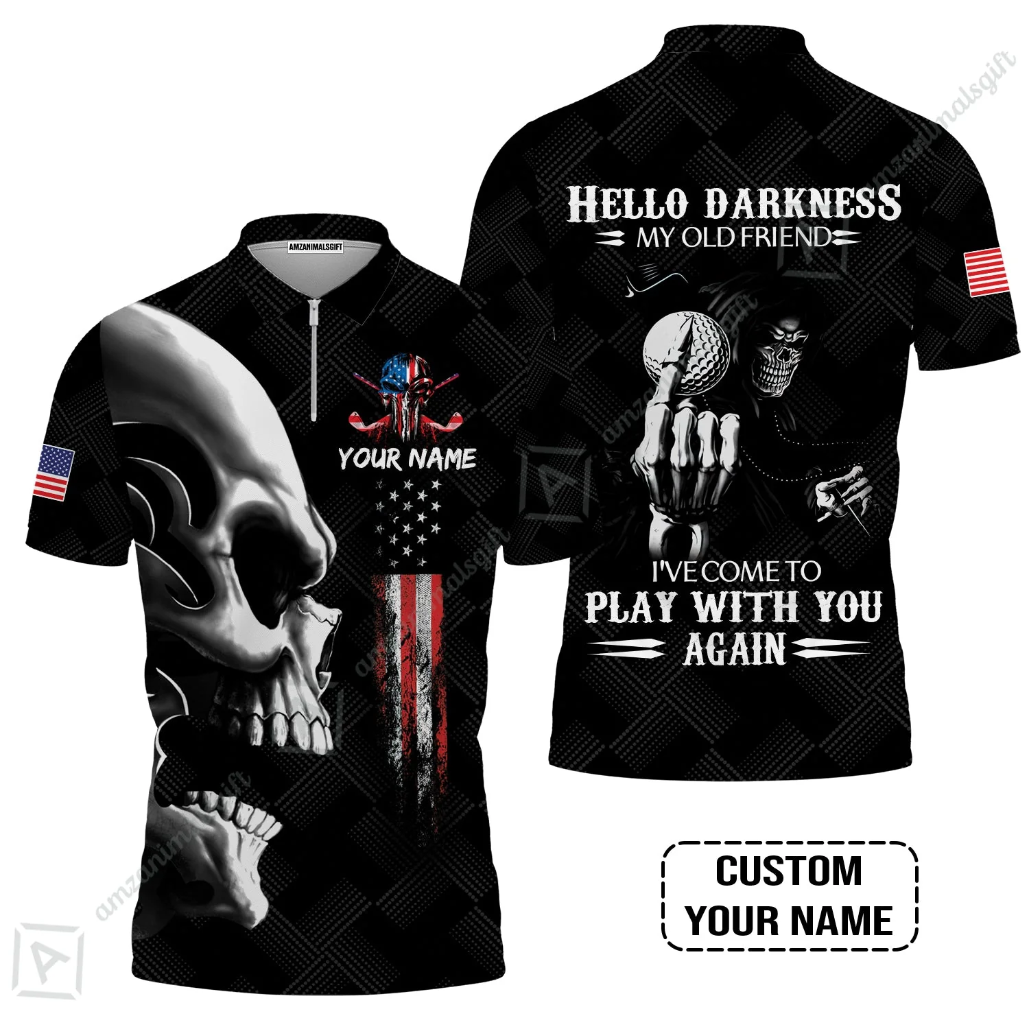 Personalized Golf Long Polo Shirt - Custom Name Skull Shirt, Golf American Flag Hello Darkness My Old Friend Long Polo Shirt - Image 4