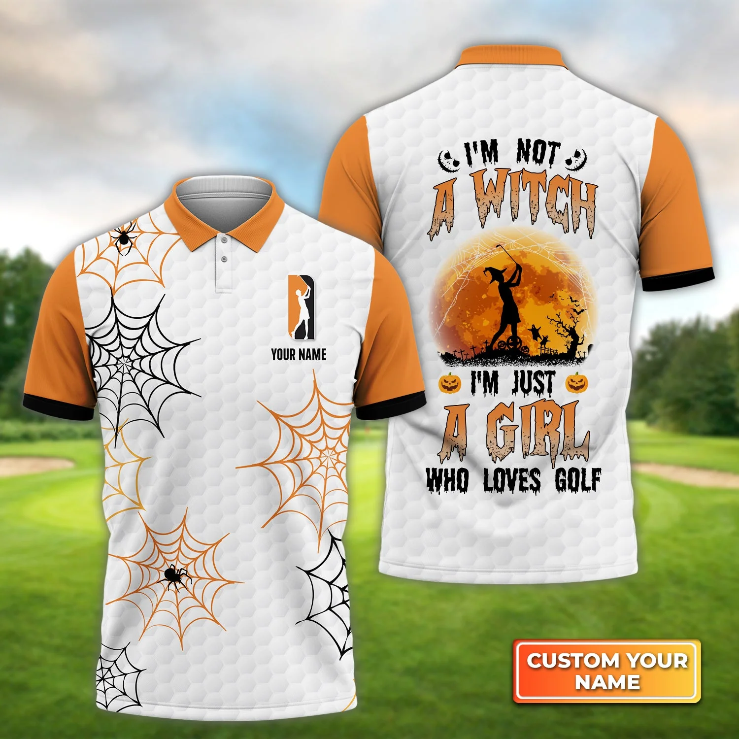 Personalized Golf Men Polo Shirt -Custom Name Halloween Shirt, I'm Not A Witch I'm Just A Girl Who Loves Golf Men Polo Shirt For Halloween, Golf Lover - Image 2