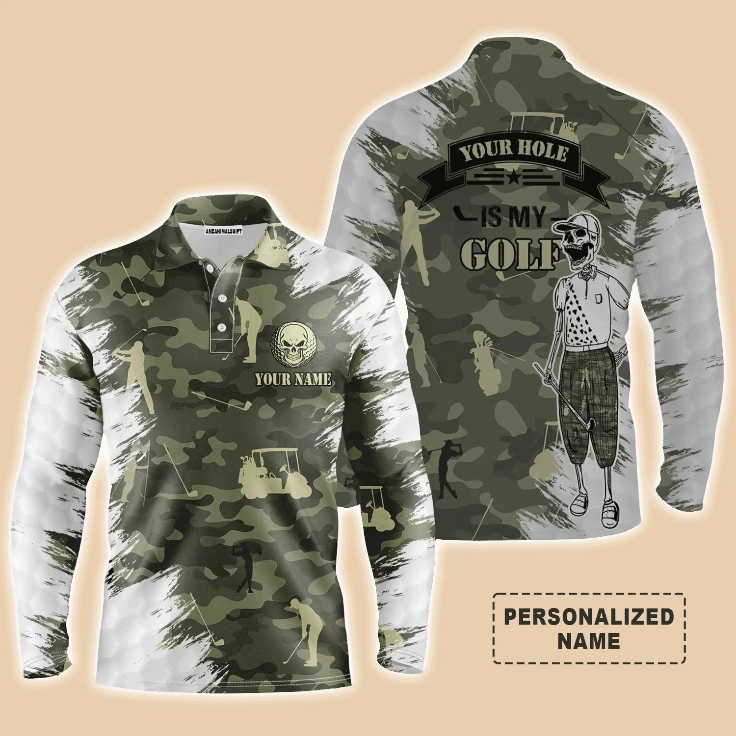 Personalized Golf Men Polo Shirts - Your Hole Is My Goal Skull Camo Pattern Custom Name Polo Shirt - Perfect Gift For Men, Golfers, Golf Lover - Image 2