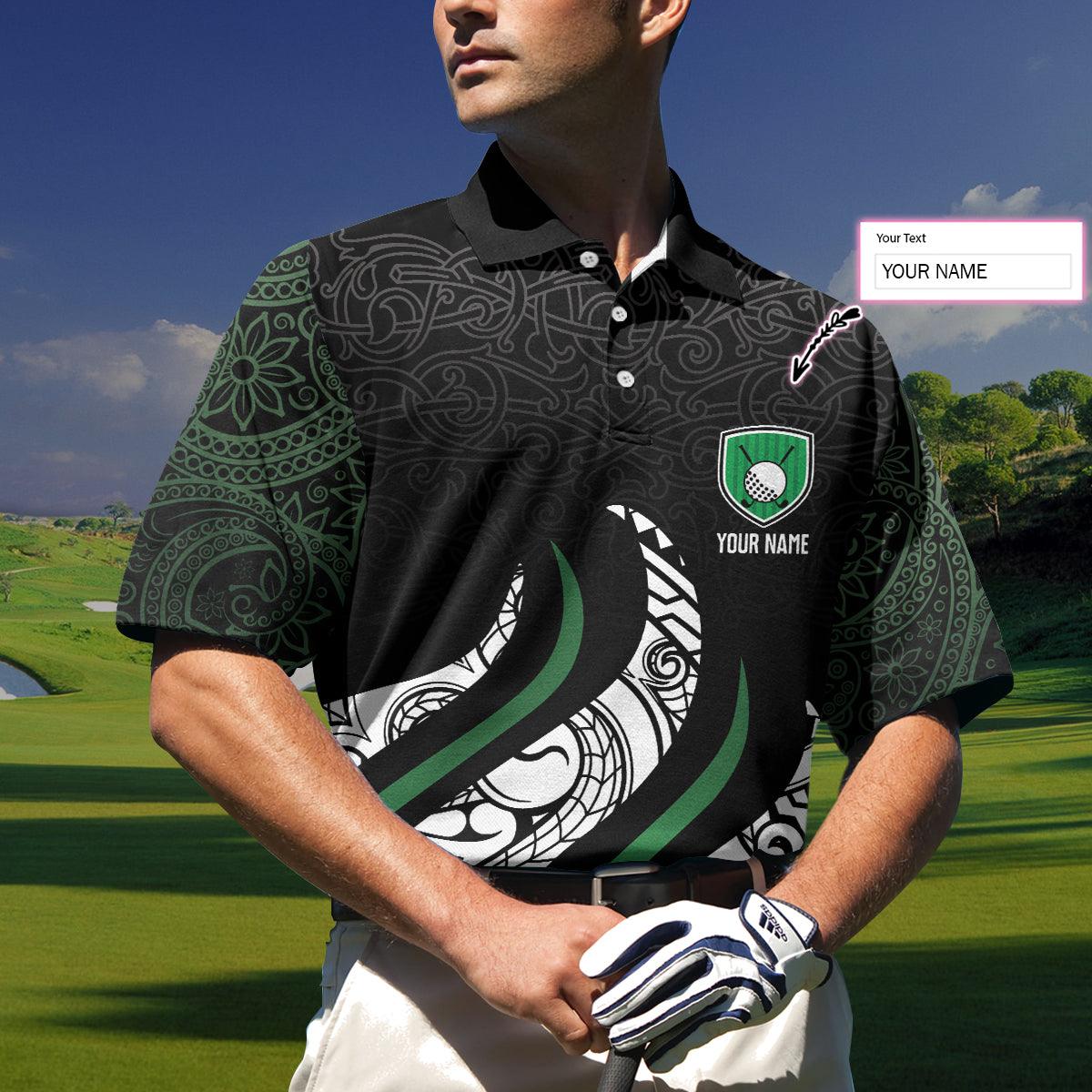 Personalized Golf Polo Shirt, Black And Green Abstract Pattern Custom Polo Shirt, Golf Gift For Men, Golfers