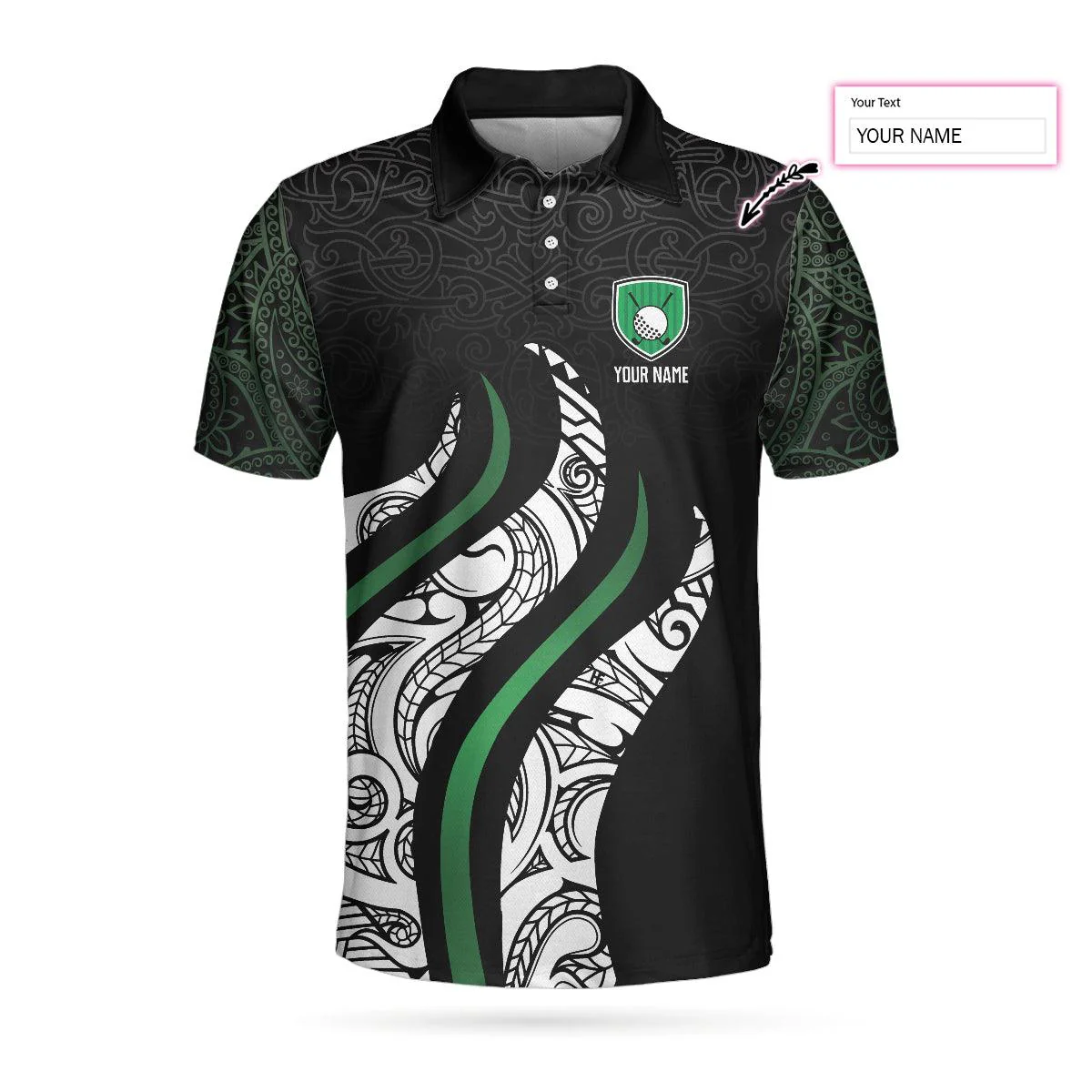 Personalized Golf Polo Shirt, Black And Green Abstract Pattern Custom Polo Shirt, Golf Gift For Men, Golfers - Image 4