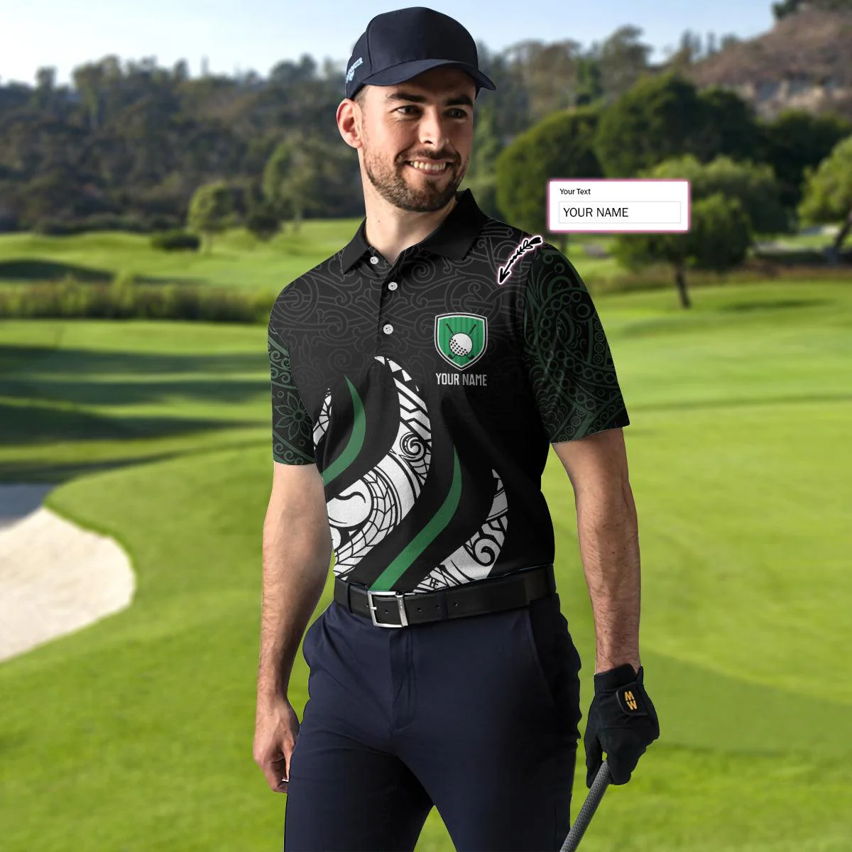 Personalized Golf Polo Shirt, Black And Green Abstract Pattern Custom Polo Shirt, Golf Gift For Men, Golfers - Image 5