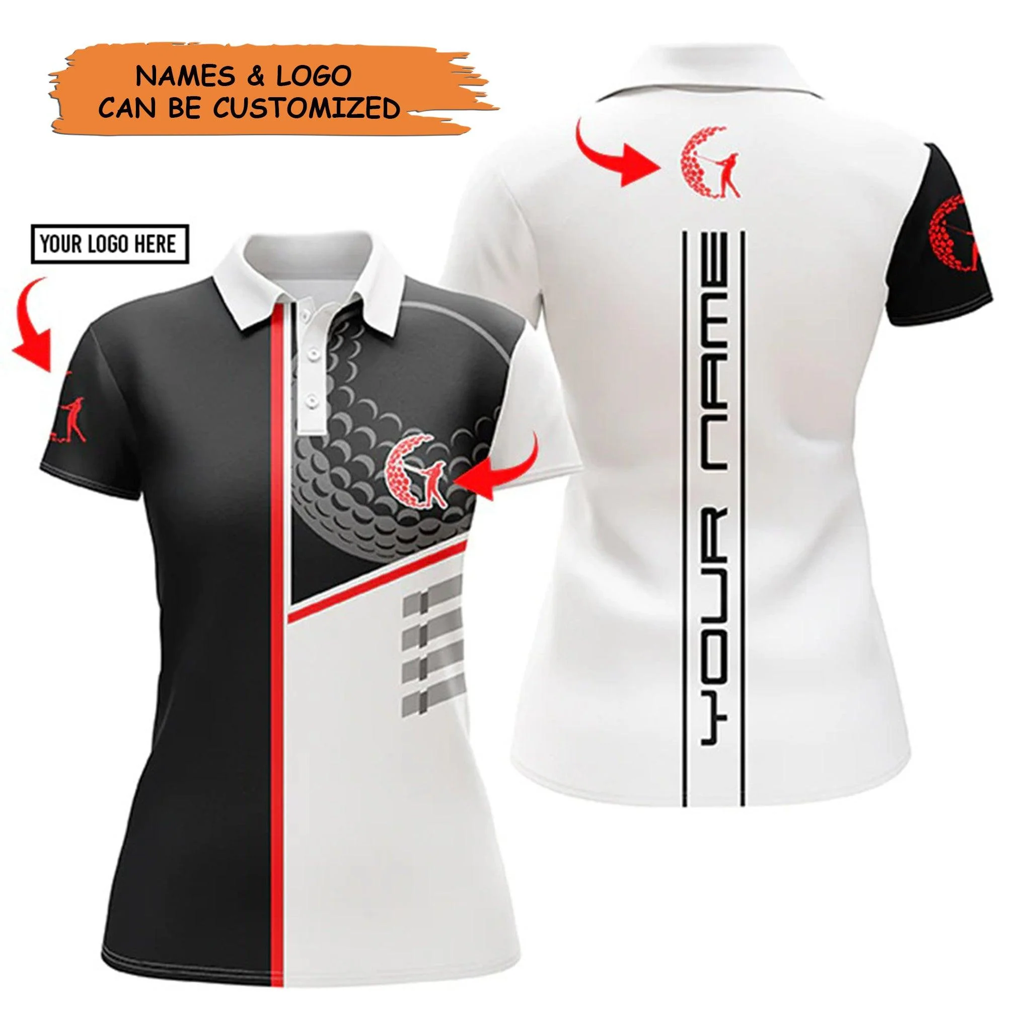 Personalized Golf Women Polo Shirt, Black & White Custom Name And Logo Short Sleeve Women Polo Shirt - Perfect Gift For Women, Ladies
