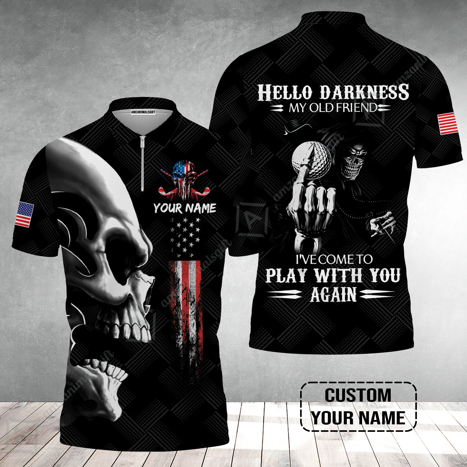 Personalized Golf Zip Polo Shirt - Custom Name Skull Shirt, Golf American Flag Hello Darkness My Old Friend Zip Polo Shirt - Image 2