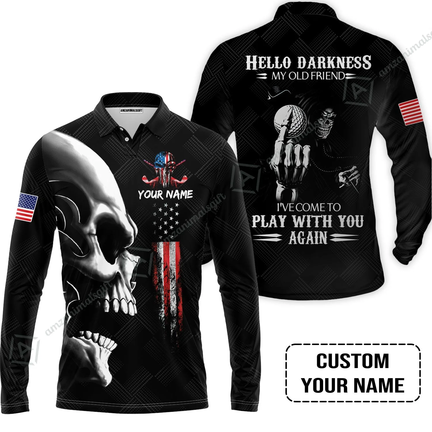 Personalized Golf Zip Polo Shirt - Custom Name Skull Shirt, Golf American Flag Hello Darkness My Old Friend Zip Polo Shirt - Image 3