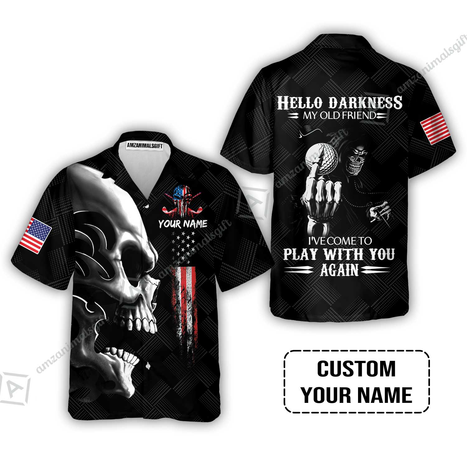 Personalized Golf Zip Polo Shirt - Custom Name Skull Shirt, Golf American Flag Hello Darkness My Old Friend Zip Polo Shirt - Image 5