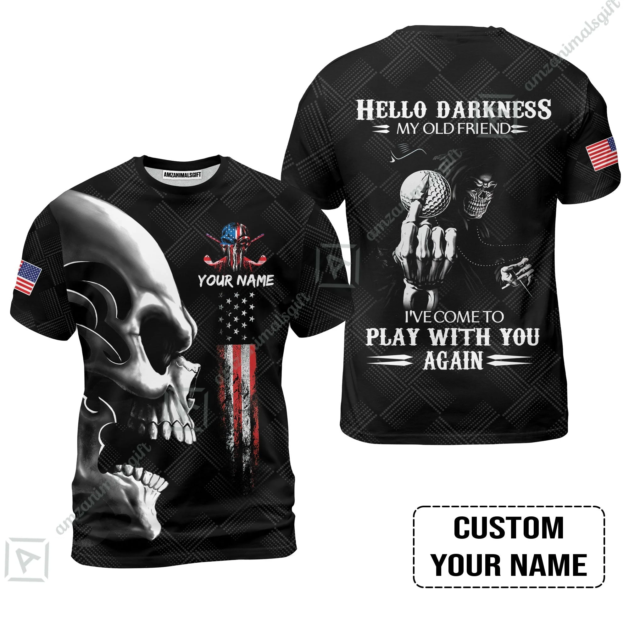 Personalized Golf Zip Polo Shirt - Custom Name Skull Shirt, Golf American Flag Hello Darkness My Old Friend Zip Polo Shirt - Image 6