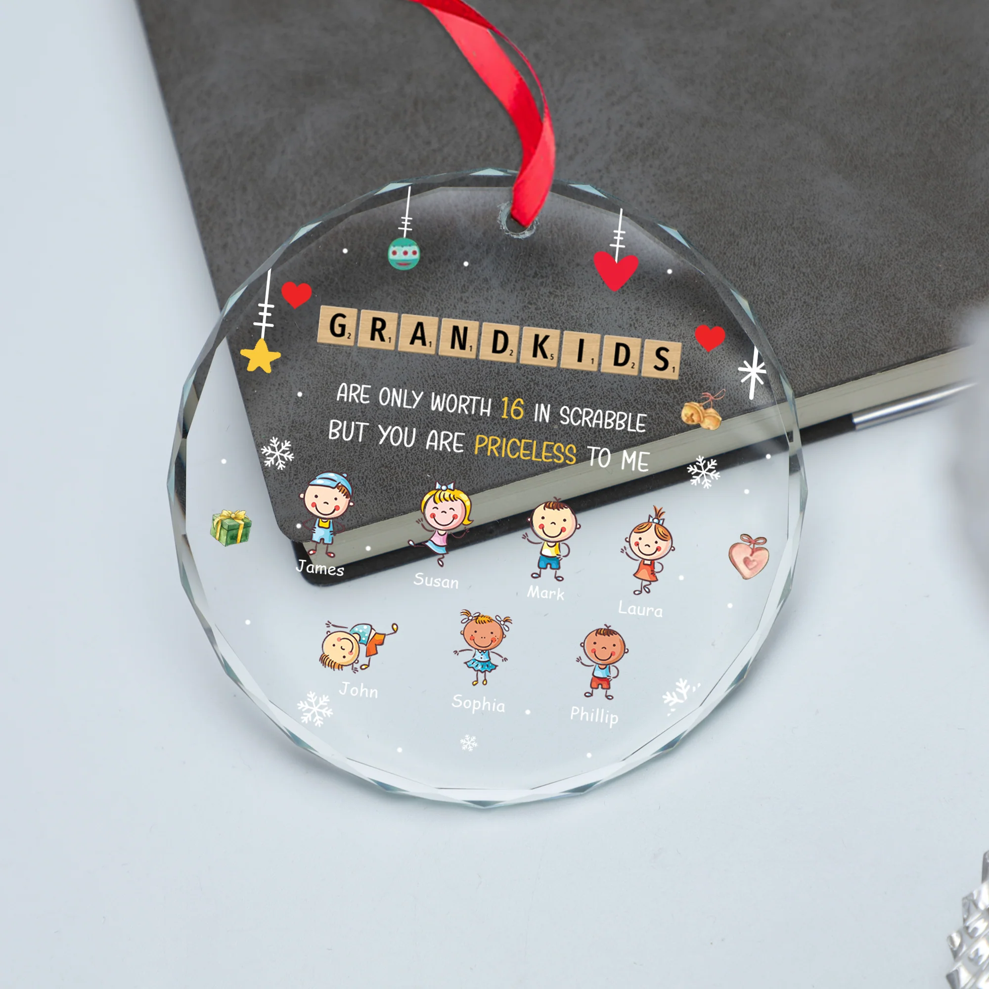 Personalized Grandkids Name Scrabble Crossword Puzzle Circle Glass Ornament, Christmas Ornament Gift For Grandma, Family - Image 3