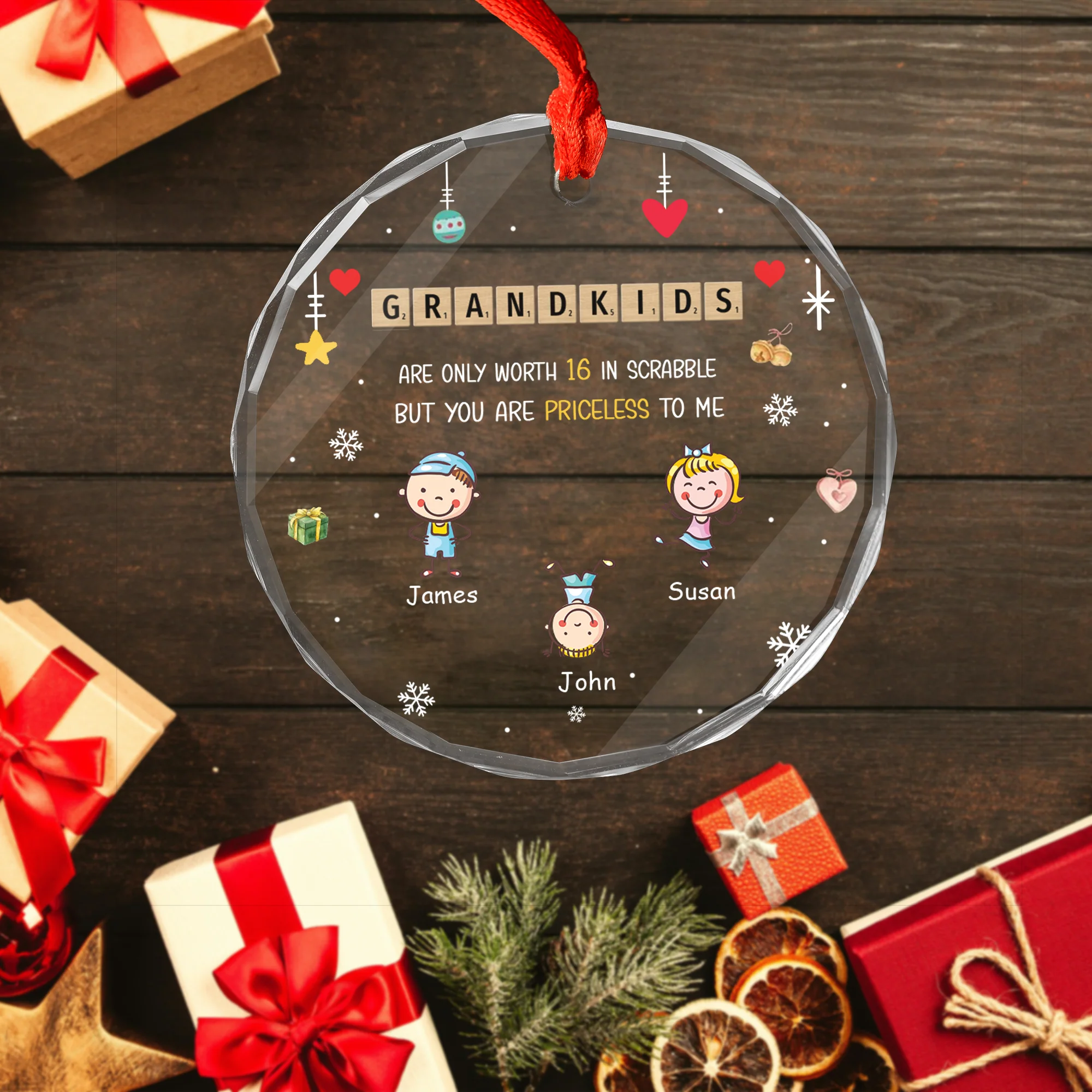 Personalized Grandkids Name Scrabble Crossword Puzzle Circle Glass Ornament, Christmas Ornament Gift For Grandma, Family - Image 4
